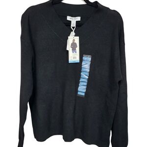 NWT Nine West Jeans Womens Large Anthracite V Neck Sweater Knit Top Black Winter